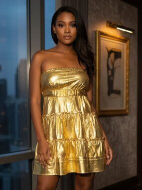 Metallic gold belted ruffle tier tube dress